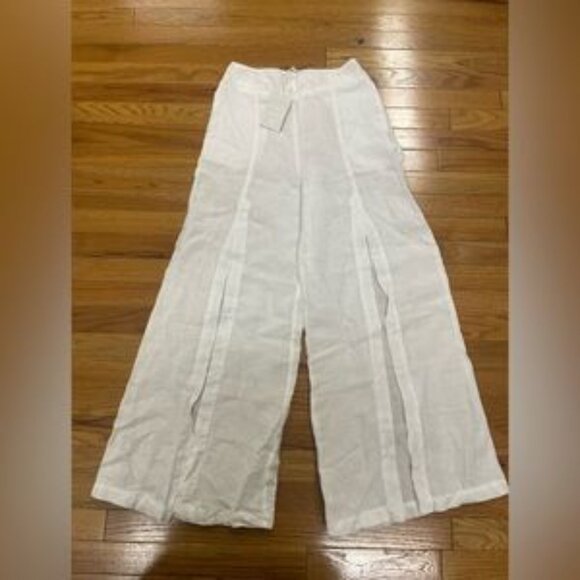 120% Lino NWT Resort Linen Split-Front Pants WHITE Small - Picture 7 of 8